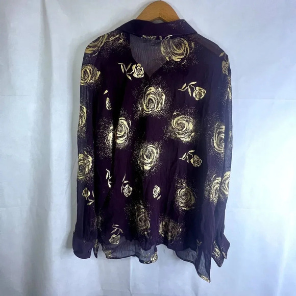 Apparenza Purple with Gold Metallic Roses Sheer Blouse Size XL - Picture 2 of 9